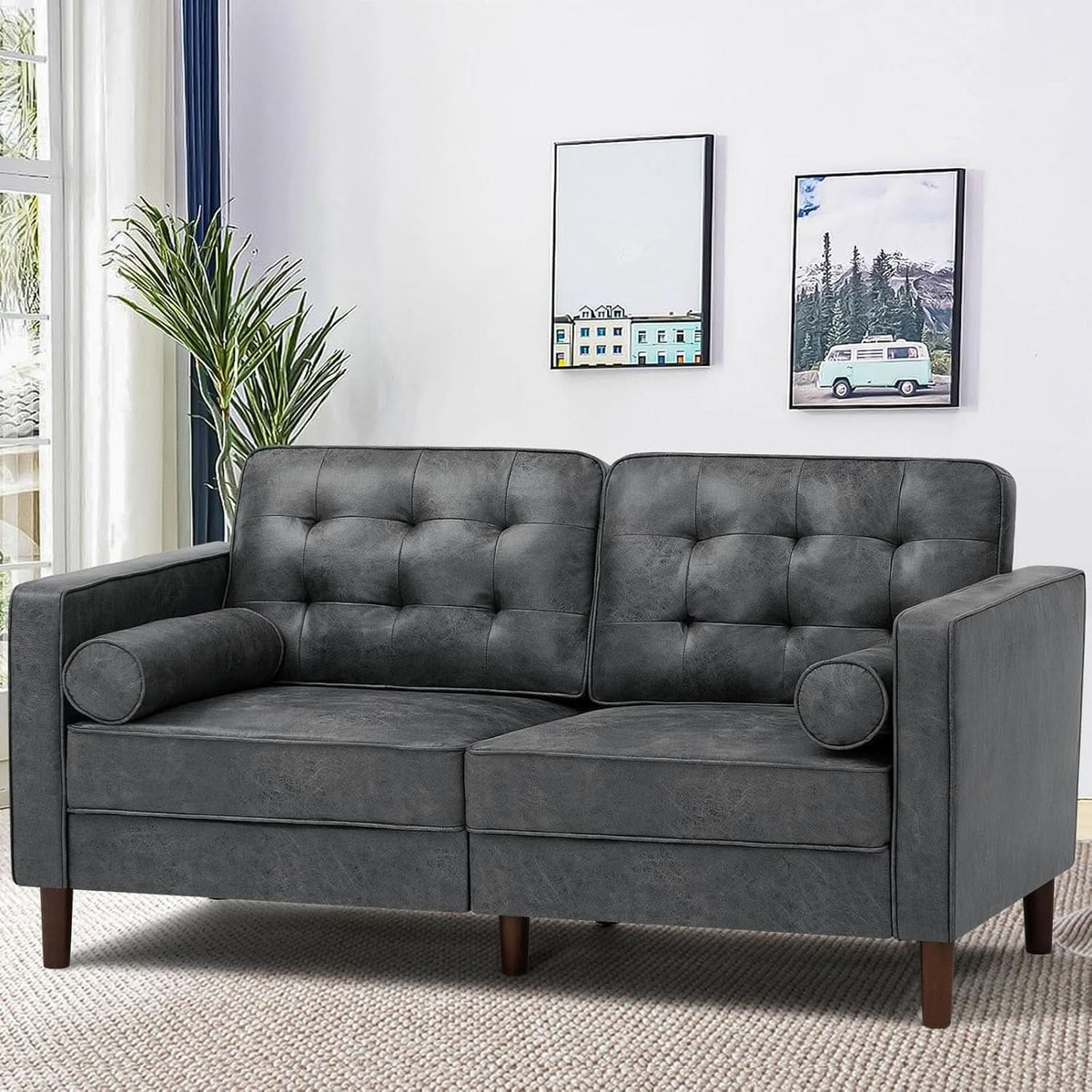 Two Piece Faux Leather Sofa Set With Tufted 3 Seat Sofa And Loveseat In Grey Bolster Pillows Included