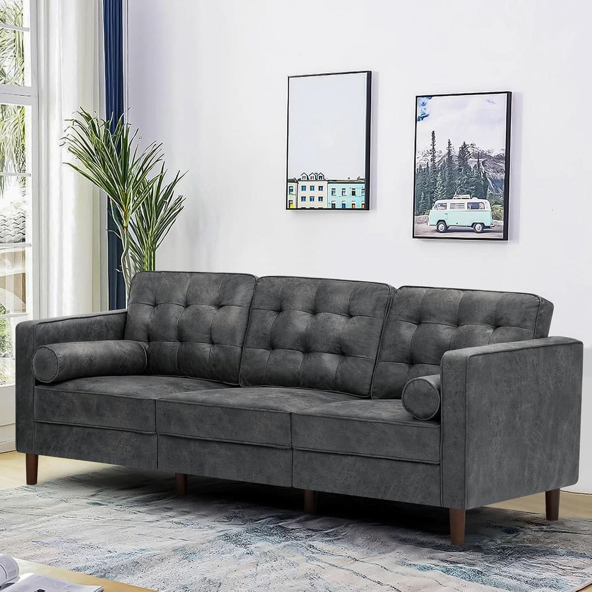 Two Piece Faux Leather Sofa Set With Tufted 3 Seat Sofa And Loveseat In Grey Bolster Pillows Included