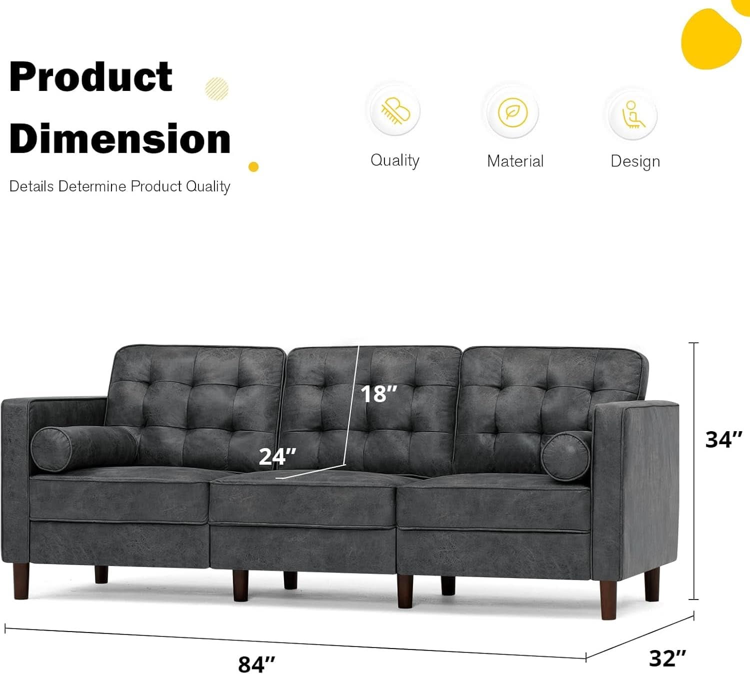Two Piece Faux Leather Sofa Set With Tufted 3 Seat Sofa And Loveseat In Grey Bolster Pillows Included