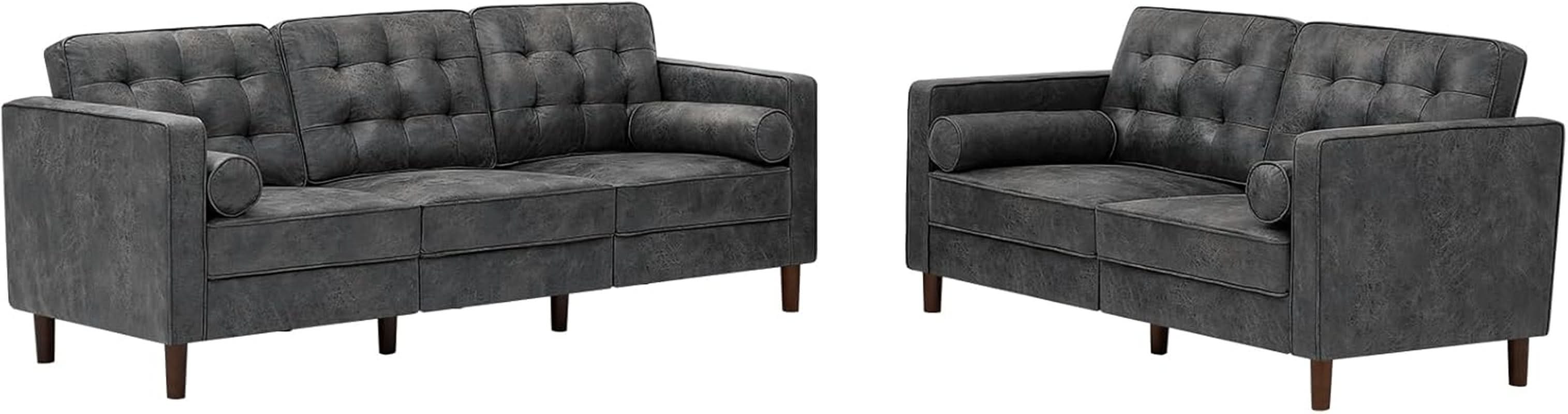 Two Piece Faux Leather Sofa Set With Tufted 3 Seat Sofa And Loveseat In Grey Bolster Pillows Included