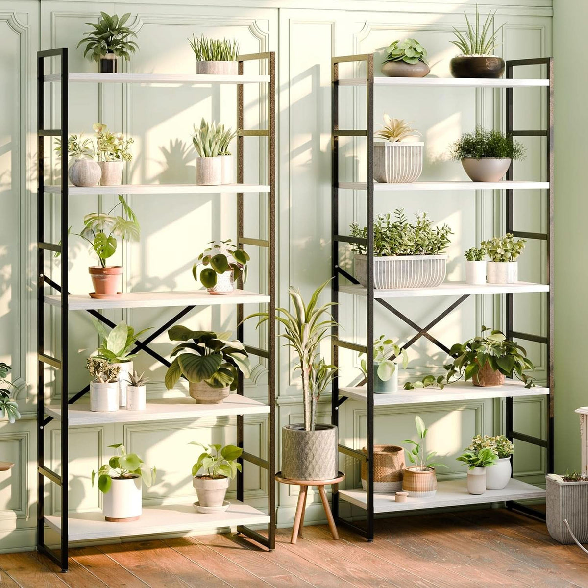 Two Piece Five Tier White Bookshelf Set Industrial Modern Bookcase For Living Room Office