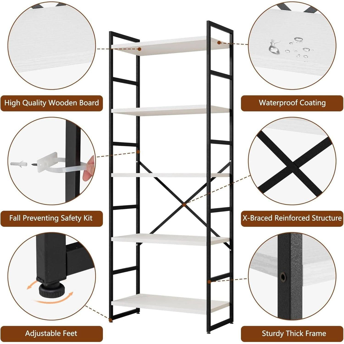 Two Piece Five Tier White Bookshelf Set Industrial Modern Bookcase For Living Room Office
