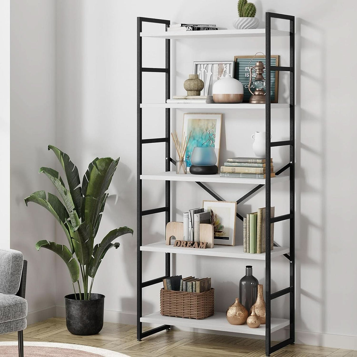 Two Piece Five Tier White Bookshelf Set Industrial Modern Bookcase For Living Room Office
