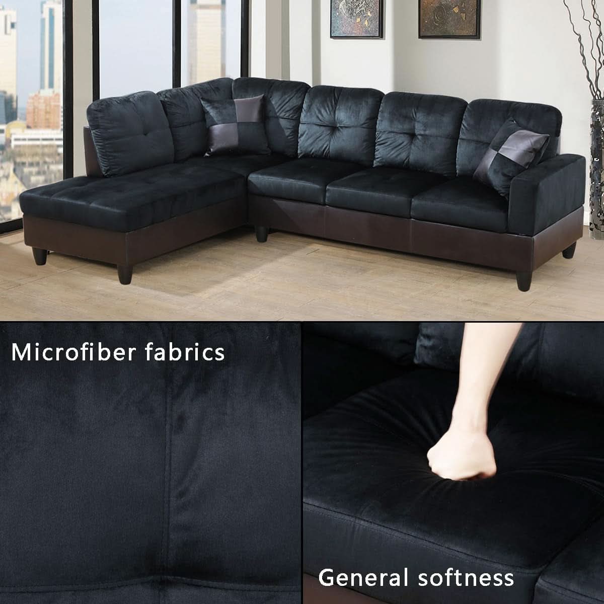 Two Piece L Shape Sectional Sofa Set In Midnight Blue Microfiber With Chaise Left Hand Facing
