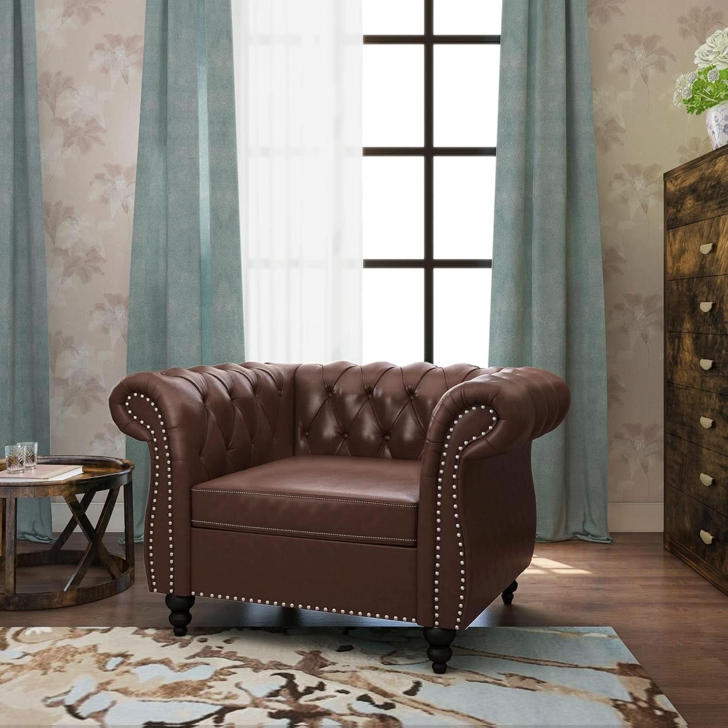 Two Piece Living Room Set Chesterfield Leather Sofa And Chair With Scroll Arms In Dark Brown