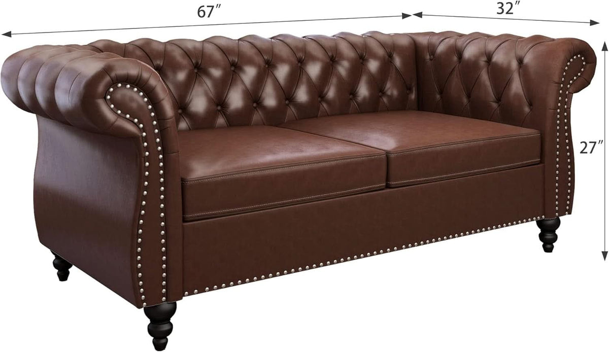 Two Piece Living Room Set Chesterfield Leather Sofa And Chair With Scroll Arms In Dark Brown