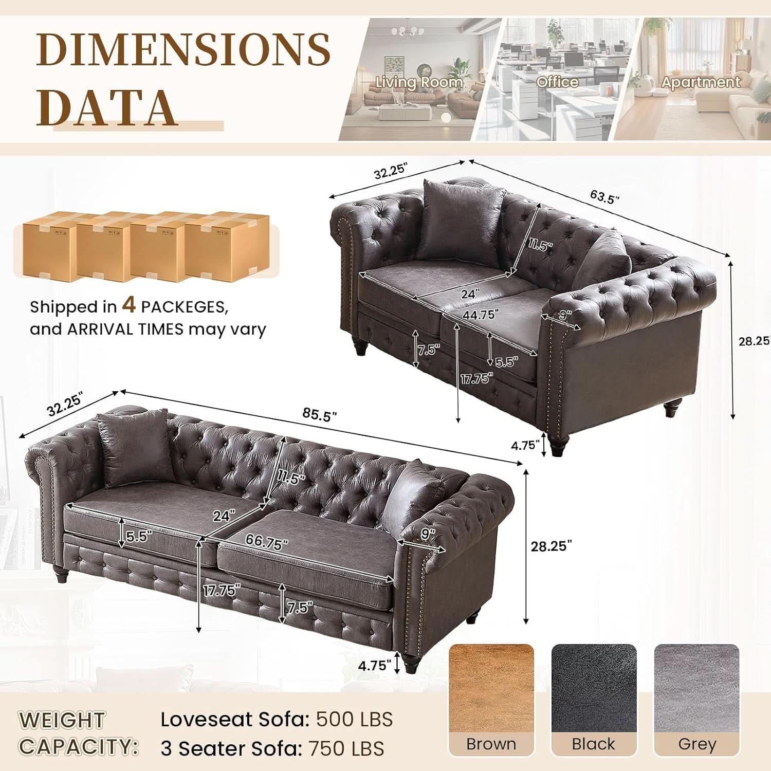 Two Piece Living Room Sofa Set Button Tufted Couch And Loveseat In Grey With Nailhead Trim