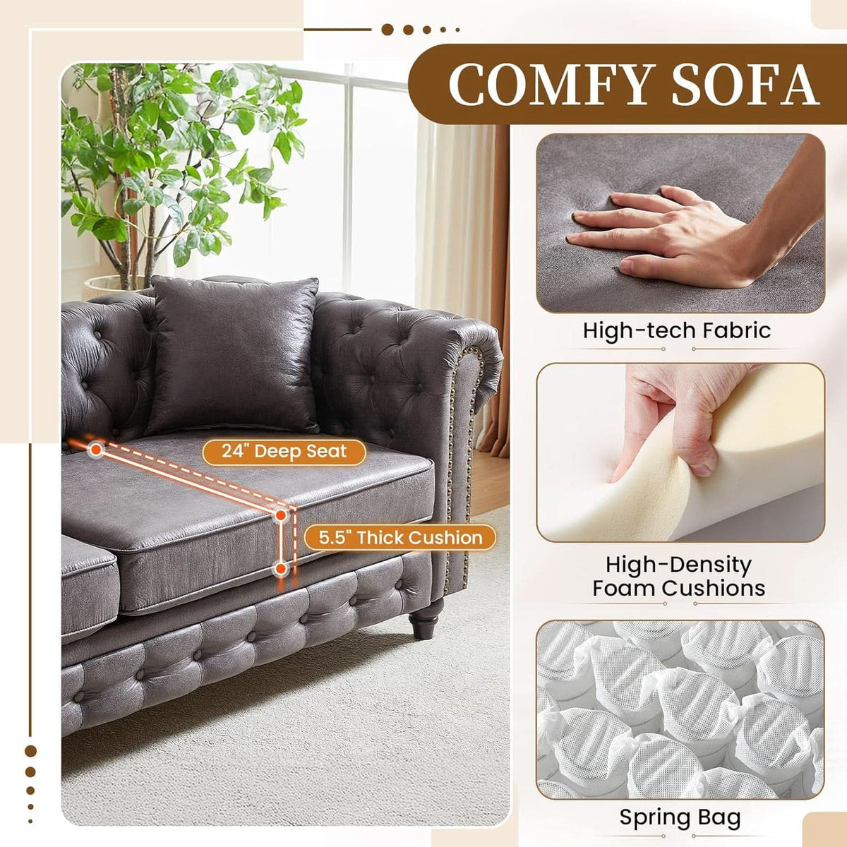 Two Piece Living Room Sofa Set Button Tufted Couch And Loveseat In Grey With Nailhead Trim