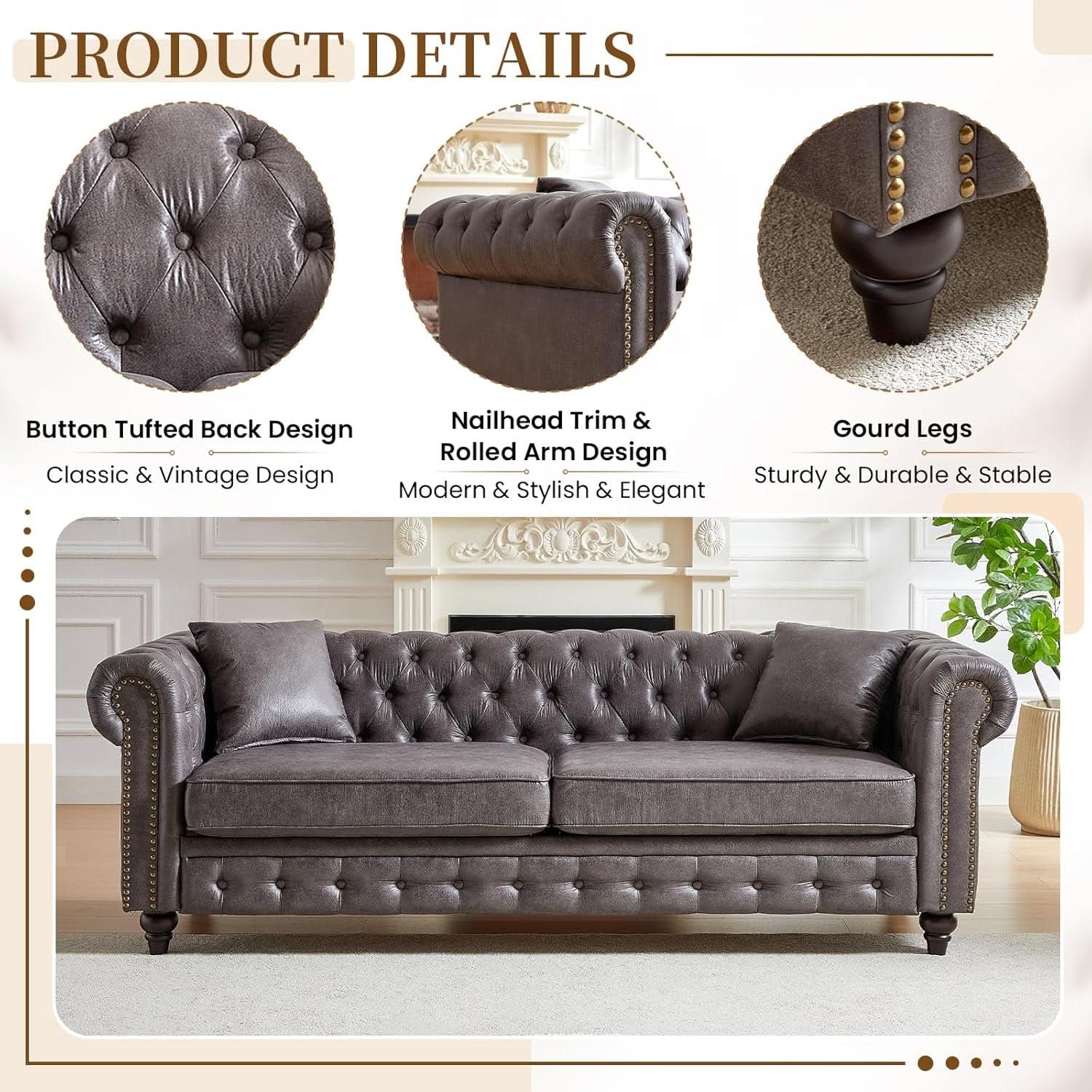 Two Piece Living Room Sofa Set Button Tufted Couch And Loveseat In Grey With Nailhead Trim