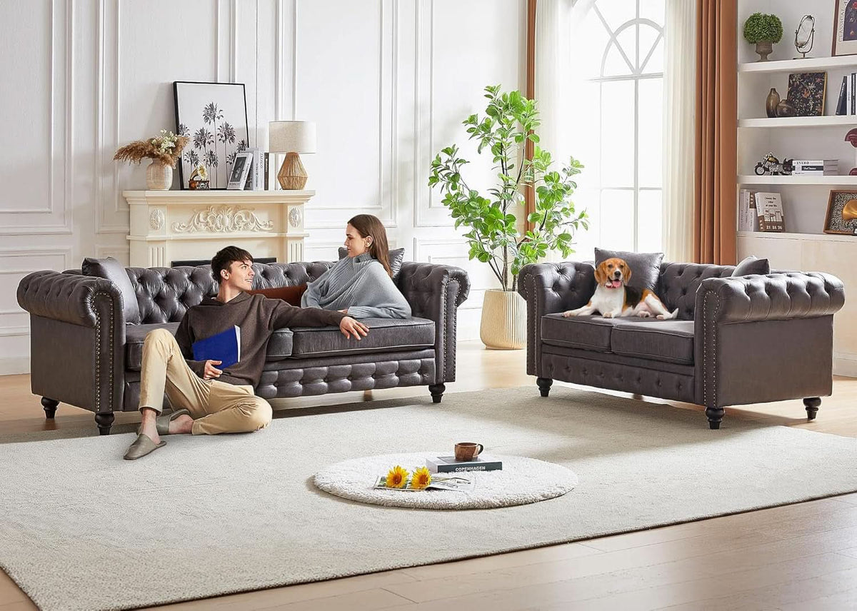 Two Piece Living Room Sofa Set Button Tufted Couch And Loveseat In Grey With Nailhead Trim