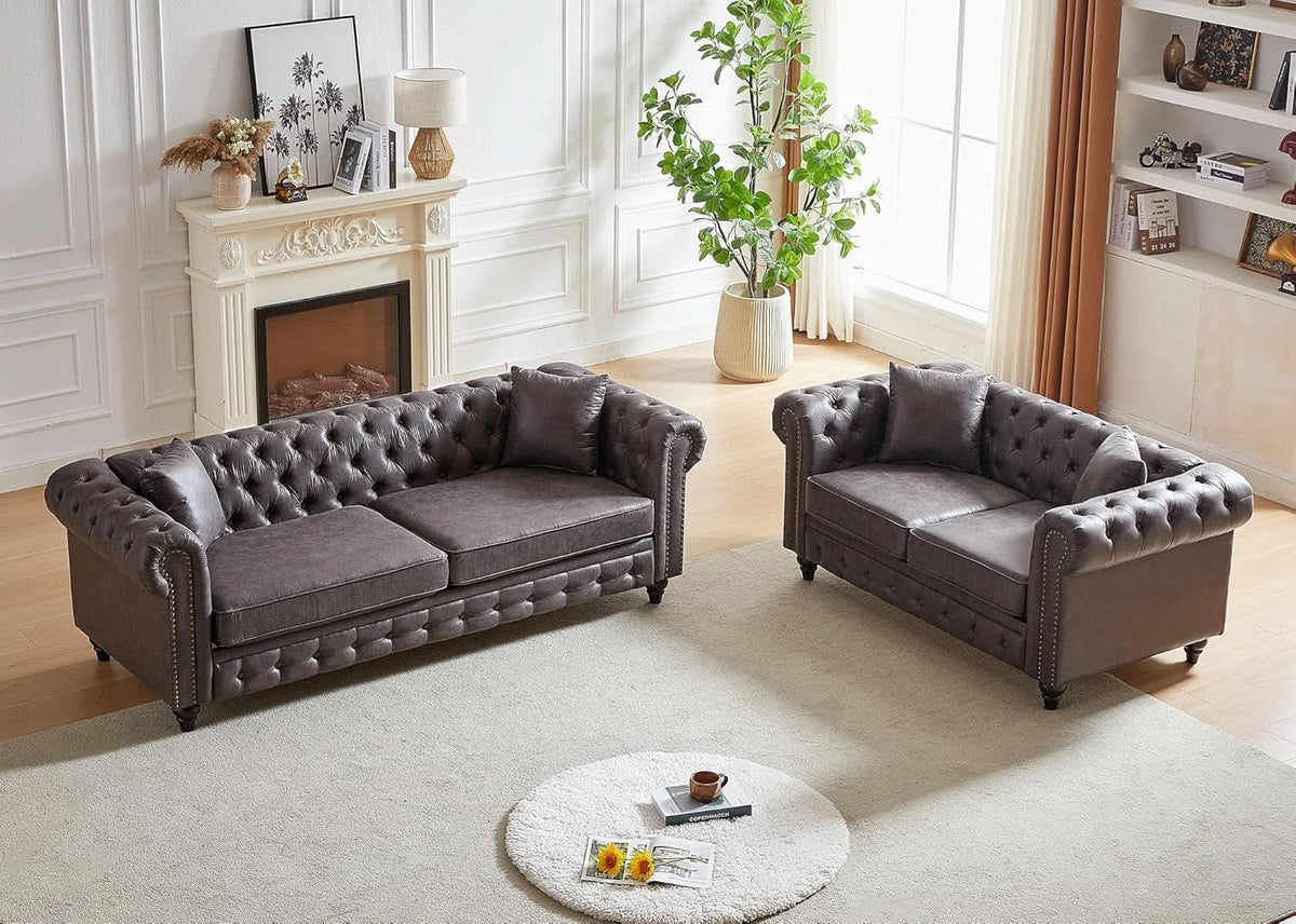 Two Piece Living Room Sofa Set Button Tufted Couch And Loveseat In Grey With Nailhead Trim