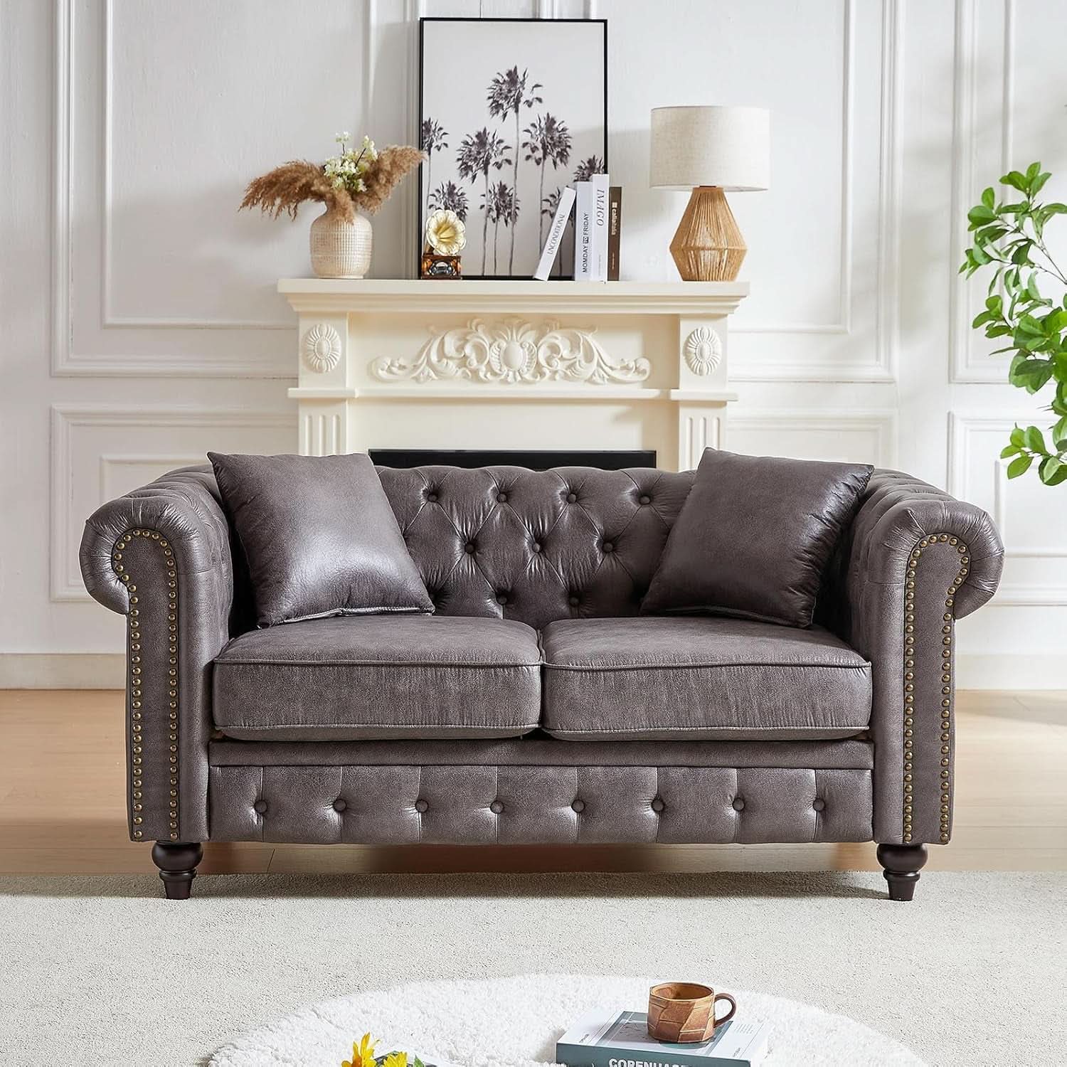 Two Piece Living Room Sofa Set Button Tufted Couch And Loveseat In Grey With Nailhead Trim