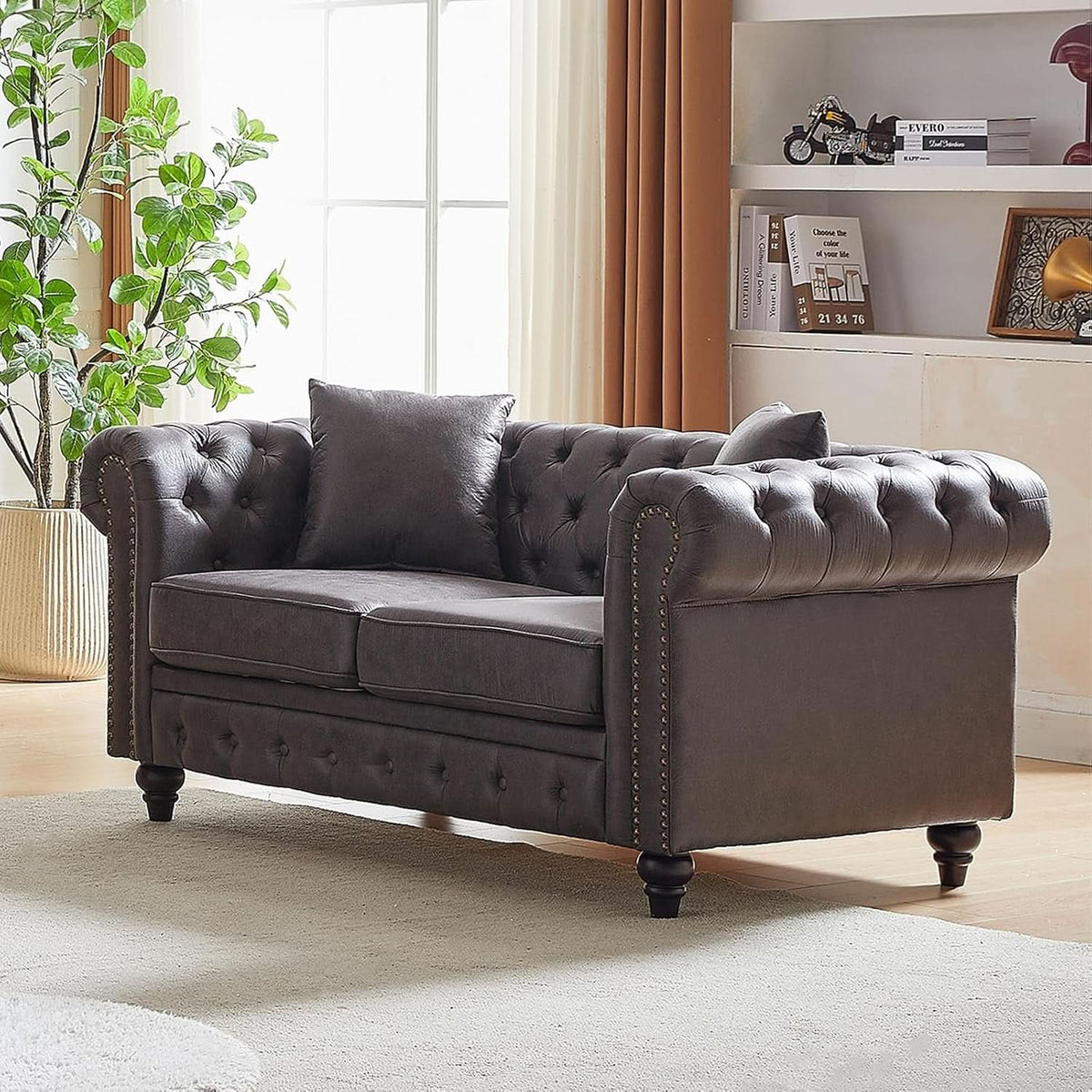 Two Piece Living Room Sofa Set Button Tufted Couch And Loveseat In Grey With Nailhead Trim