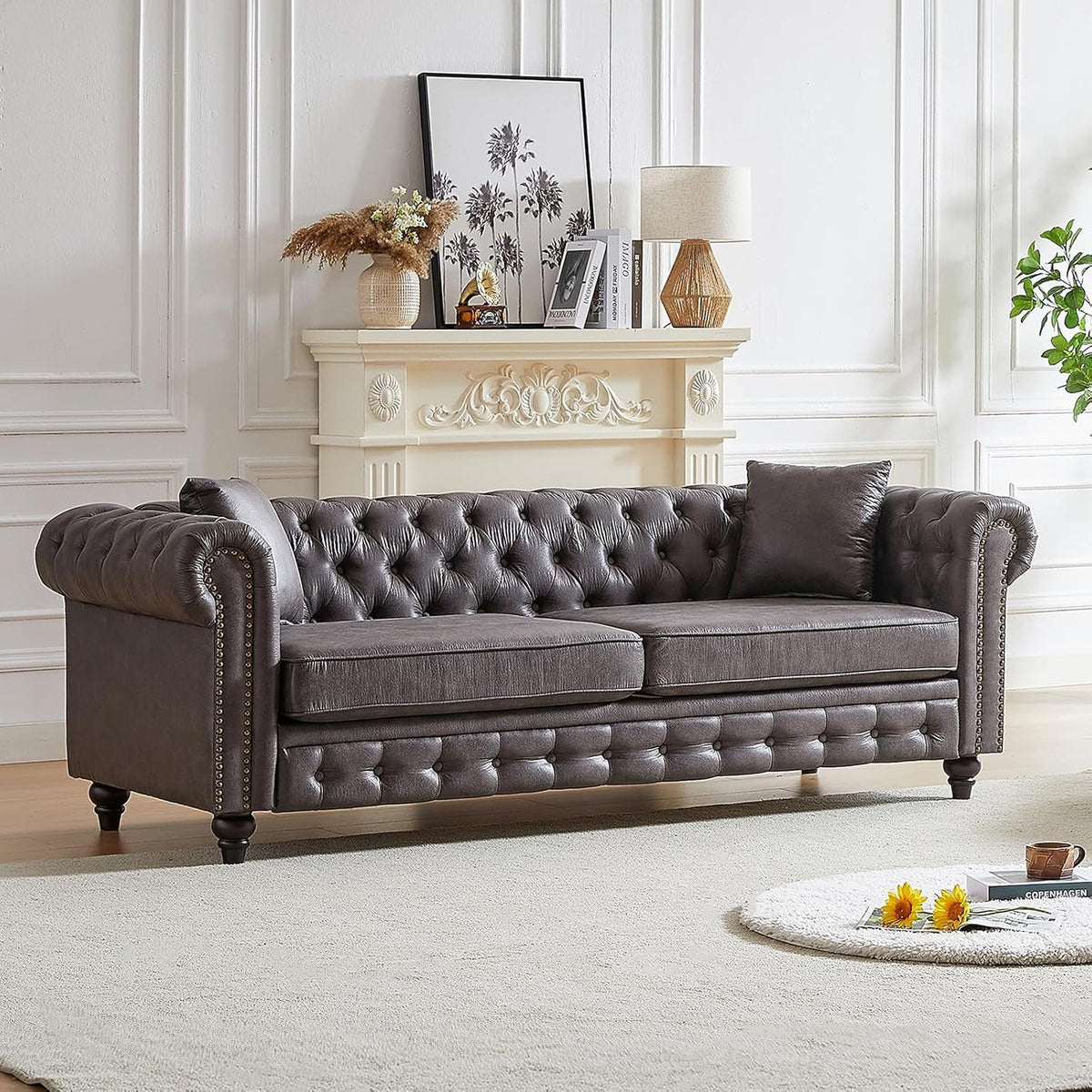 Two Piece Living Room Sofa Set Button Tufted Couch And Loveseat In Grey With Nailhead Trim