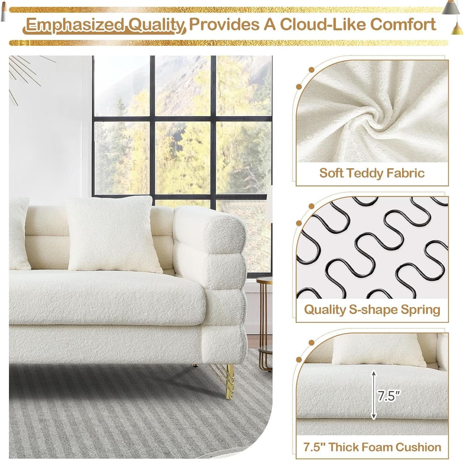 Two Piece Living Room Sofa Set White Teddy Boucle With Loveseat And Three Seater Deep Seat Cushioned Upholstered Sofa
