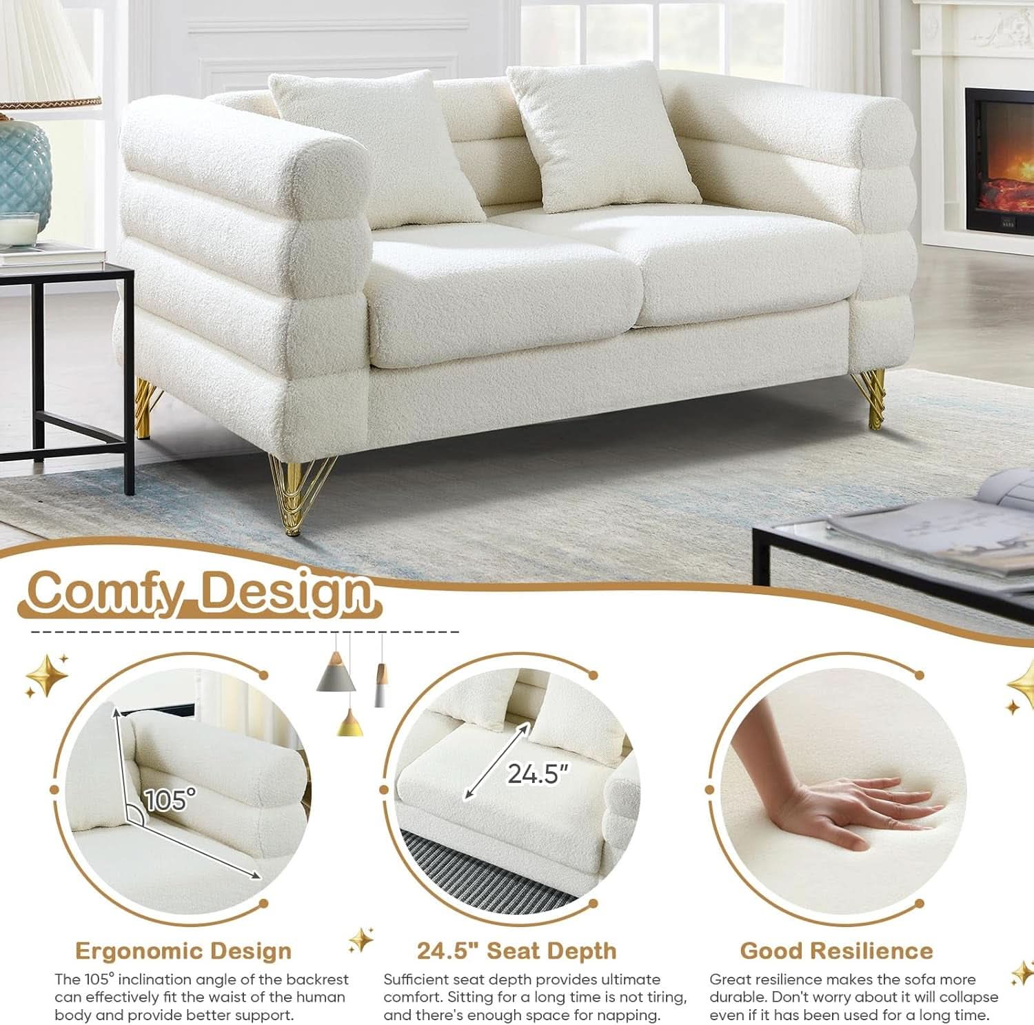 Two Piece Living Room Sofa Set White Teddy Boucle With Loveseat And Three Seater Deep Seat Cushioned Upholstered Sofa