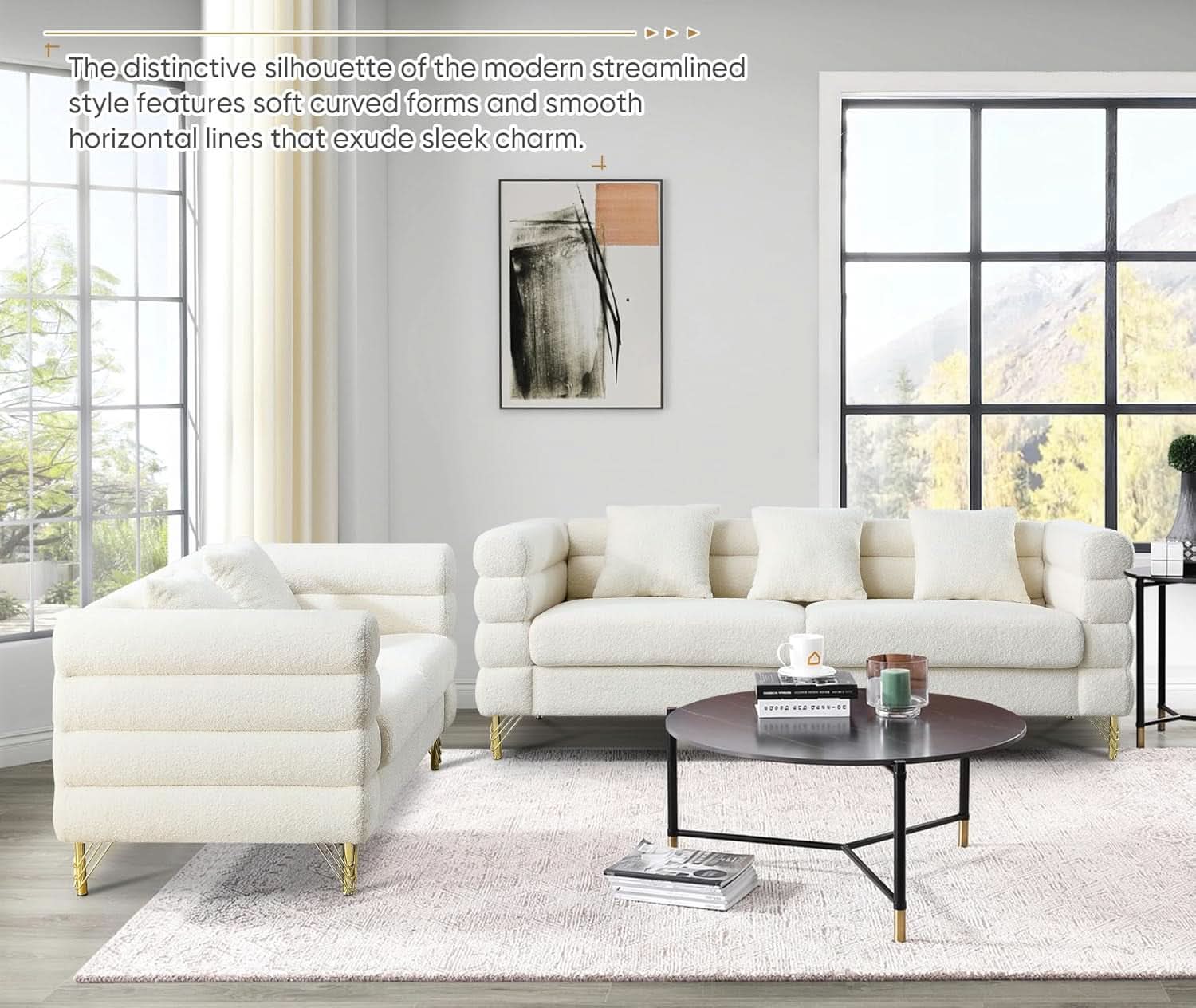 Two Piece Living Room Sofa Set White Teddy Boucle With Loveseat And Three Seater Deep Seat Cushioned Upholstered Sofa