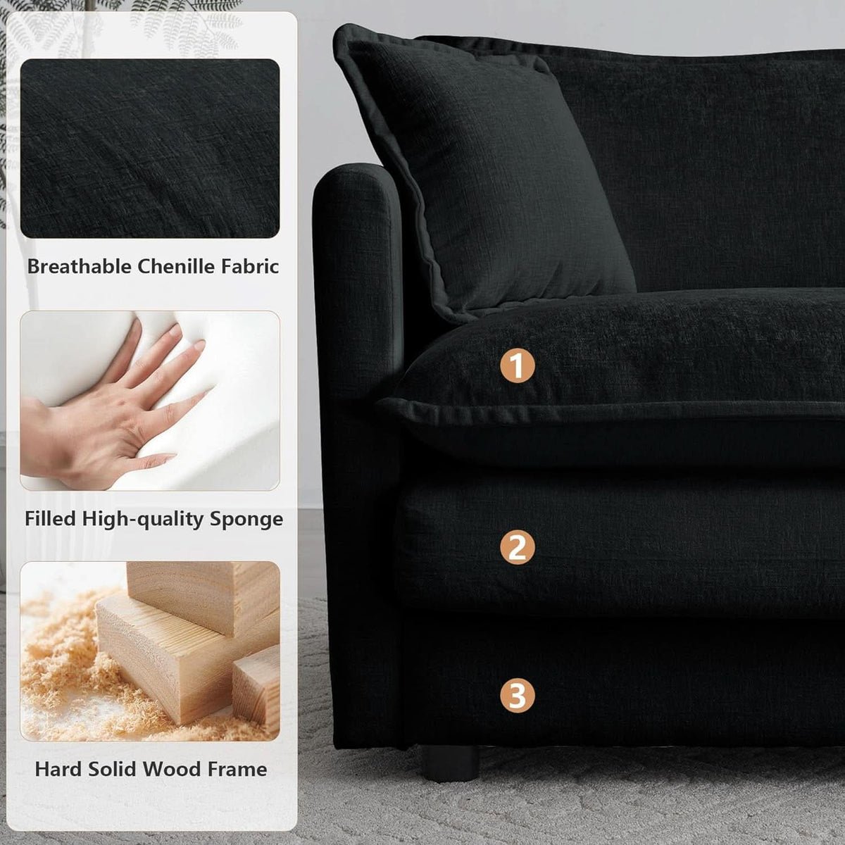 Two Piece Loveseat And Armchair Set For Living Room In Black Chenille
