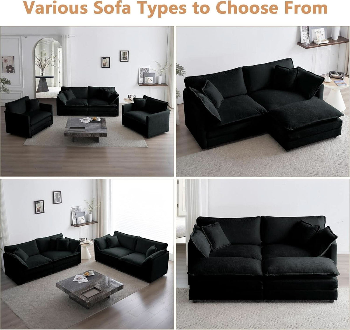 Two Piece Loveseat And Armchair Set For Living Room In Black Chenille