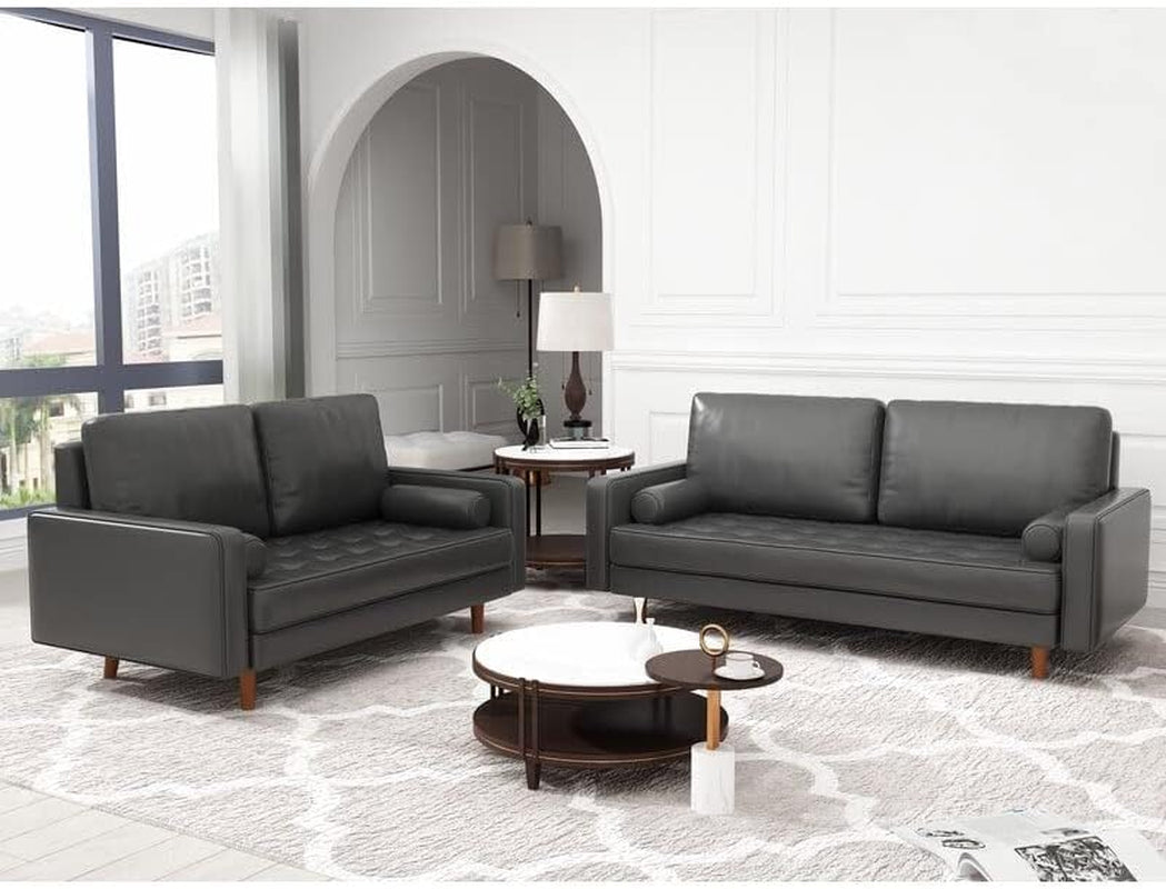 Two Piece Mid Century Square Arm Leather Sofa Living Room Set White 70 Inch Sofa And 58 Inch Loveseat