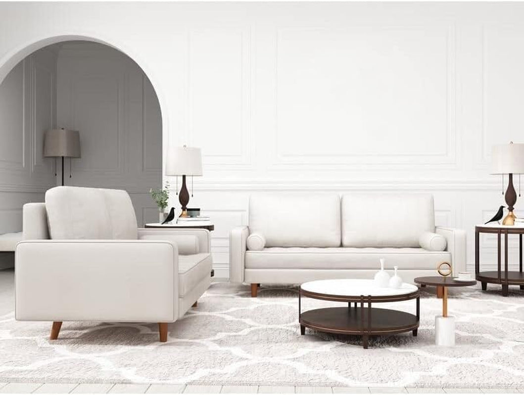 Two Piece Mid Century Square Arm Leather Sofa Living Room Set White 70 Inch Sofa And 58 Inch Loveseat