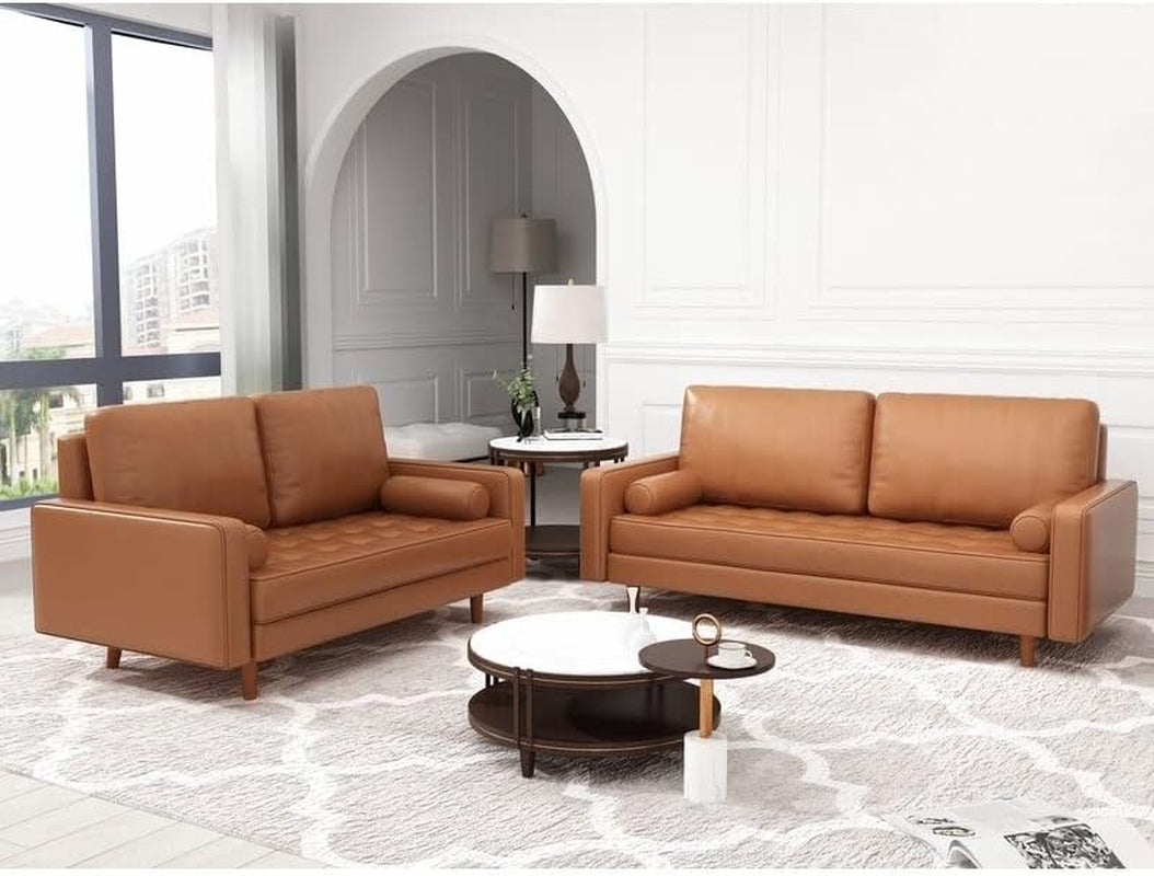 Two Piece Mid Century Square Arm Leather Sofa Living Room Set White 70 Inch Sofa And 58 Inch Loveseat