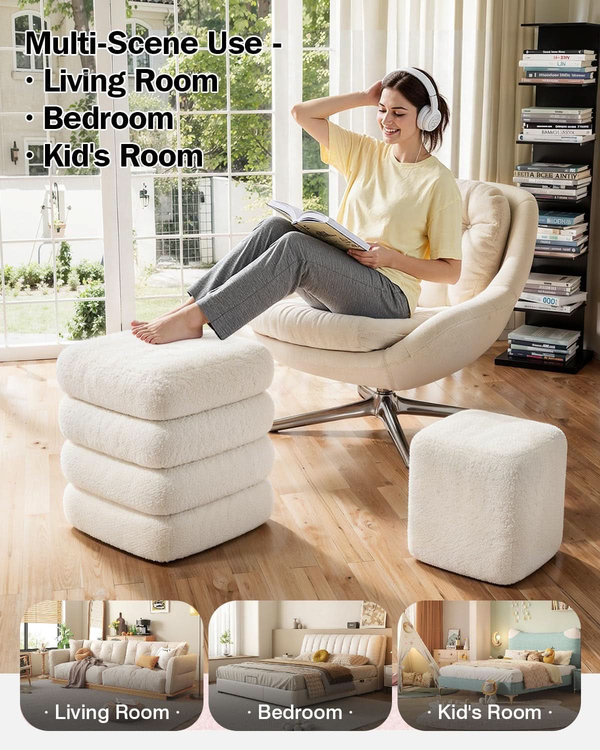 Two-Piece Nesting Sherpa Storage Ottomans White Lid