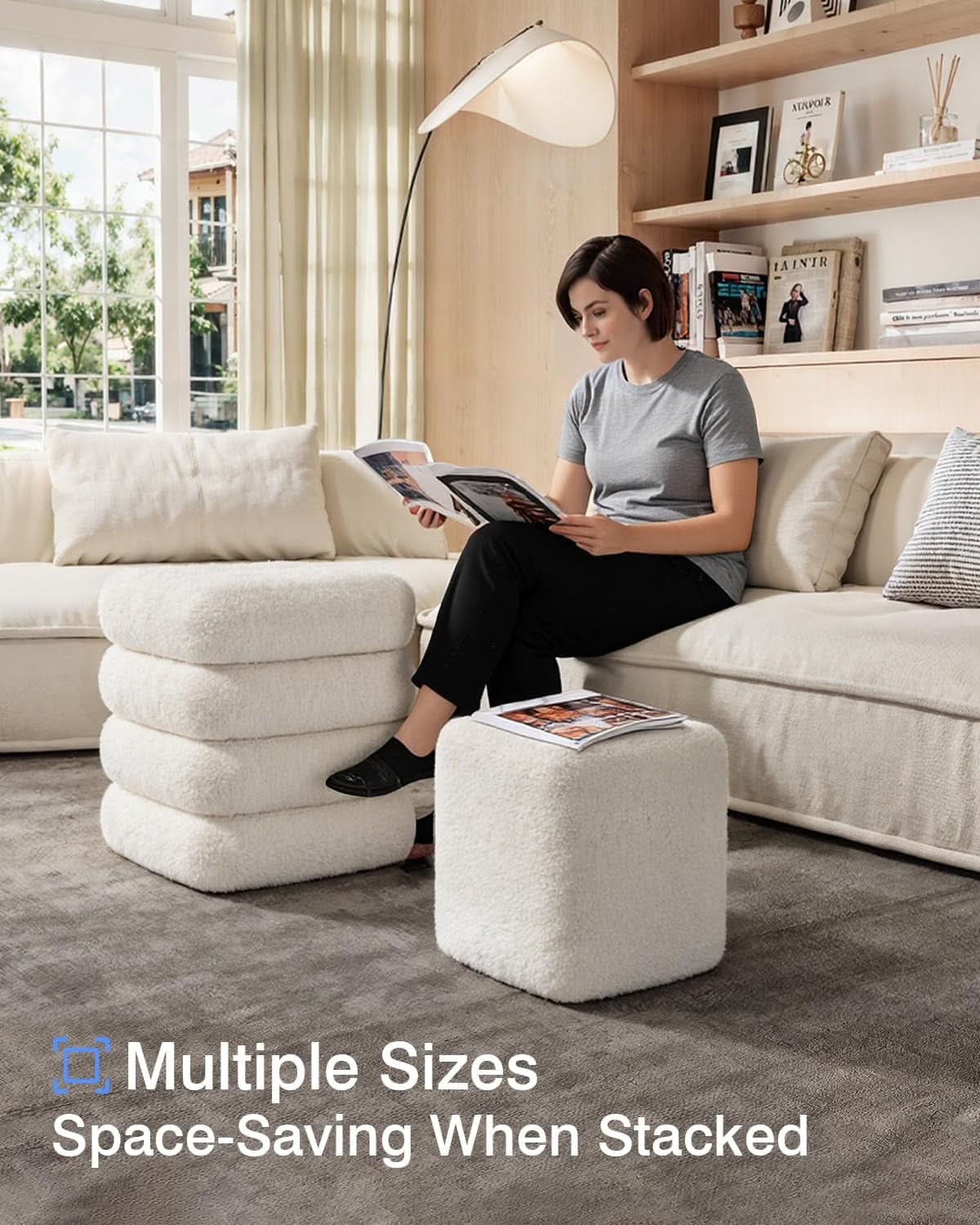 Two-Piece Nesting Sherpa Storage Ottomans White Lid