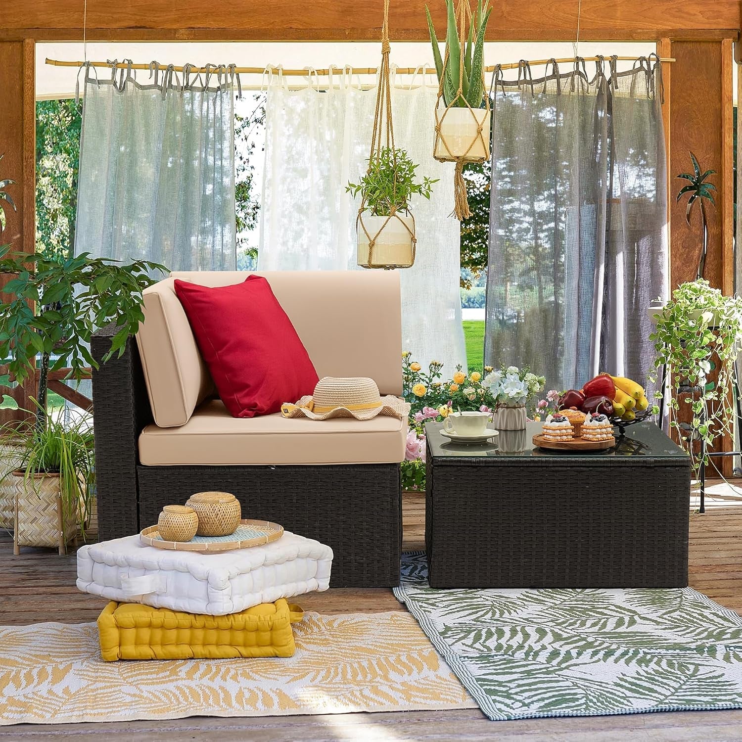 Two Piece Patio Furniture Set All Weather PE Rattan Outdoor Sofa Set With Table Beige For Garden Lawn Poolside