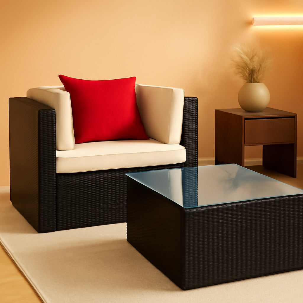 Two Piece Patio Furniture Set All Weather PE Rattan Outdoor Sofa Set With Table Beige For Garden Lawn Poolside