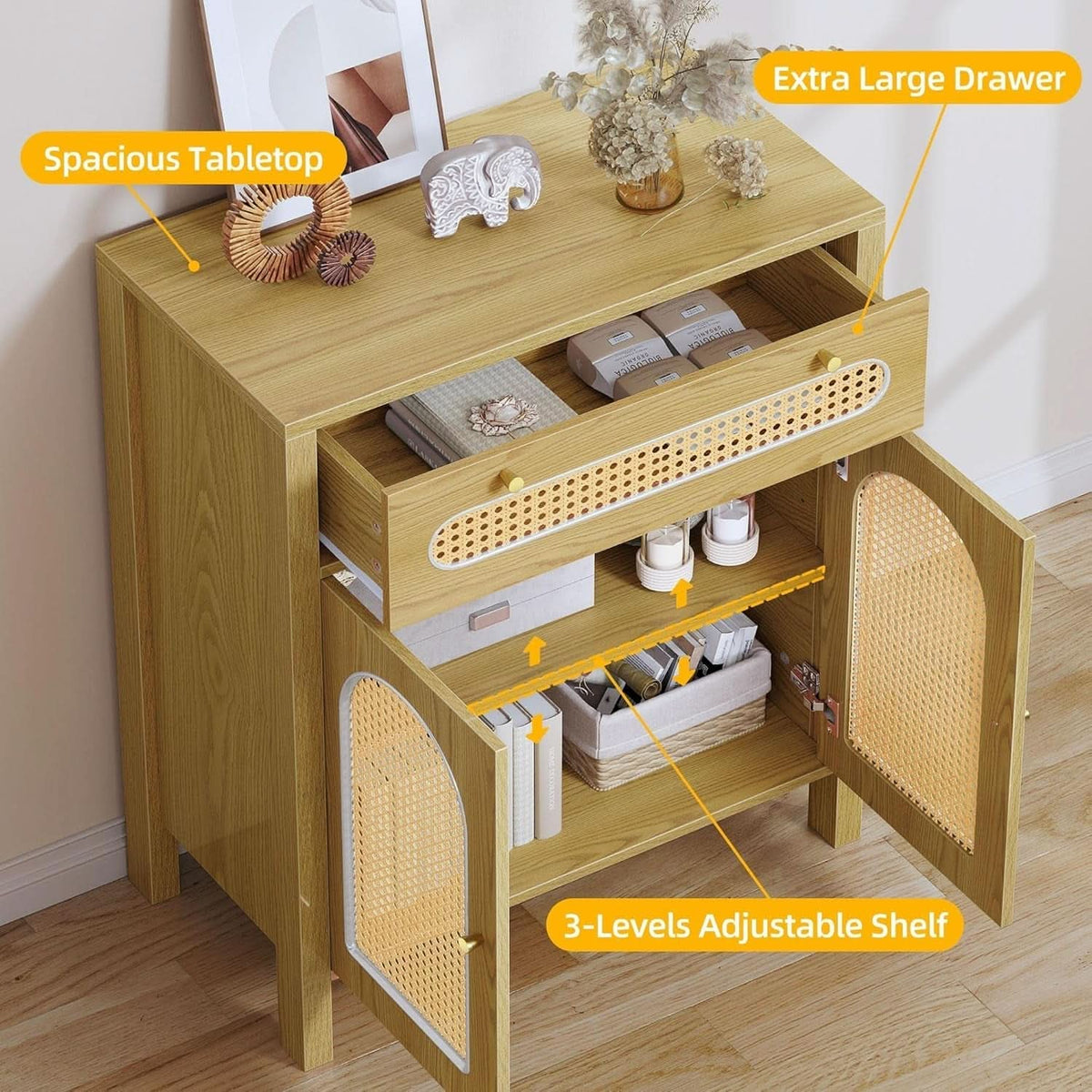 Two Piece Rattan Accent Sideboard Buffet Cabinet With Large Drawers 36 Inch High Natural Finish