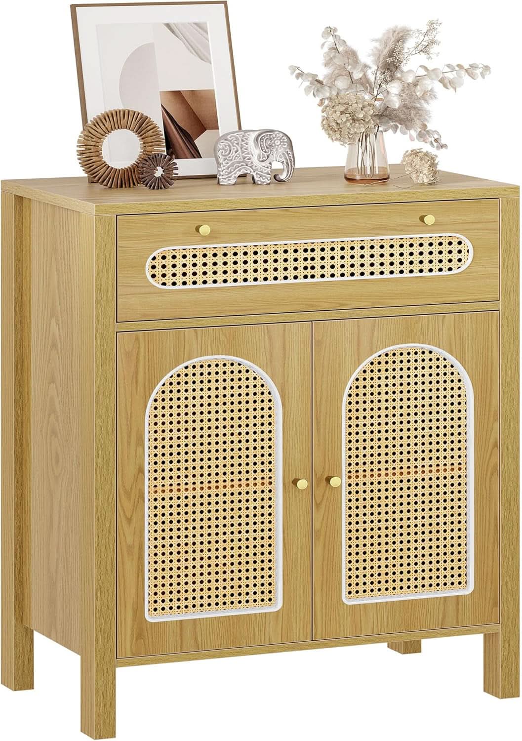 Two Piece Rattan Accent Sideboard Buffet Cabinet With Large Drawers 36 Inch High Natural Finish