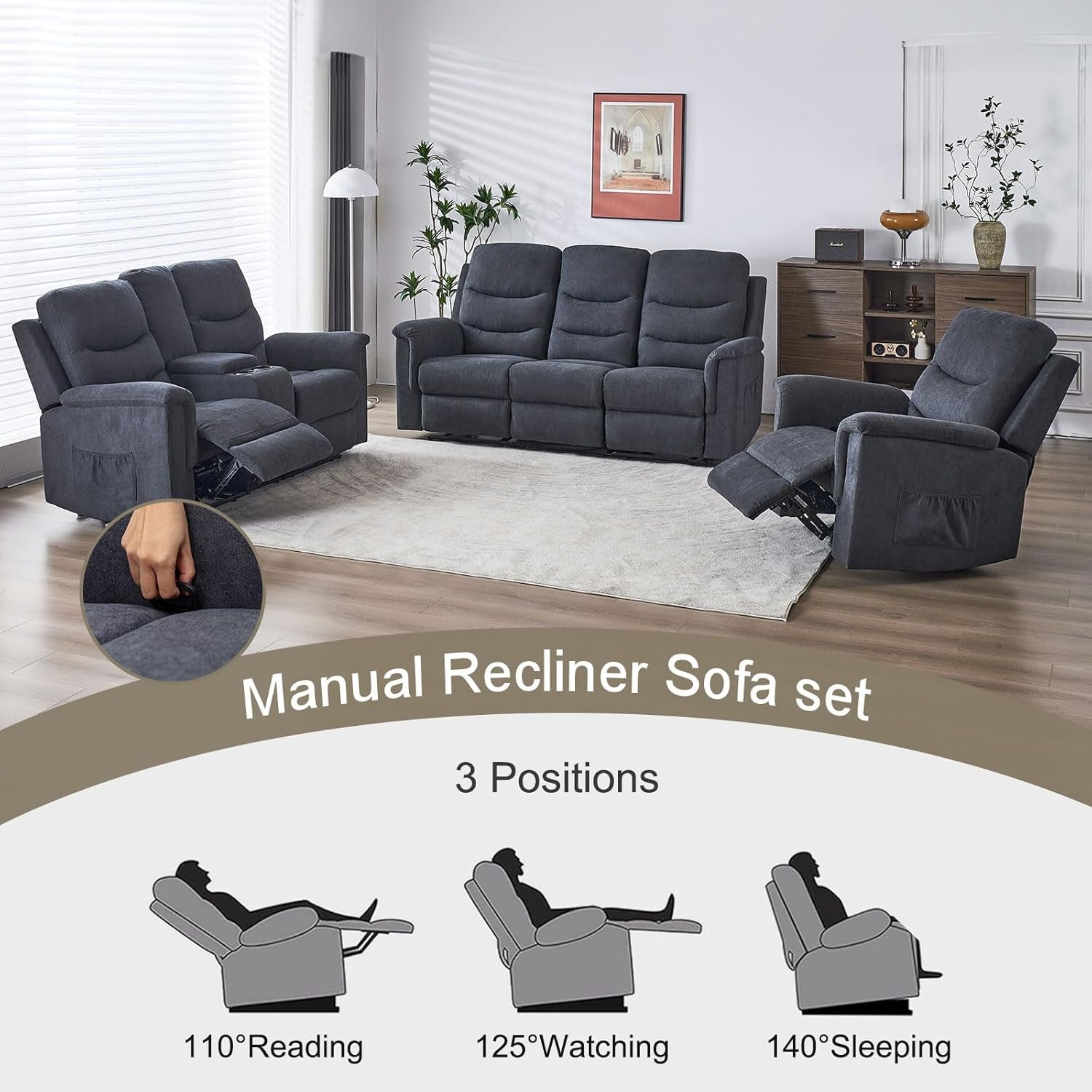 Two Piece Recliner Sofa Set With Console And Cup Holders