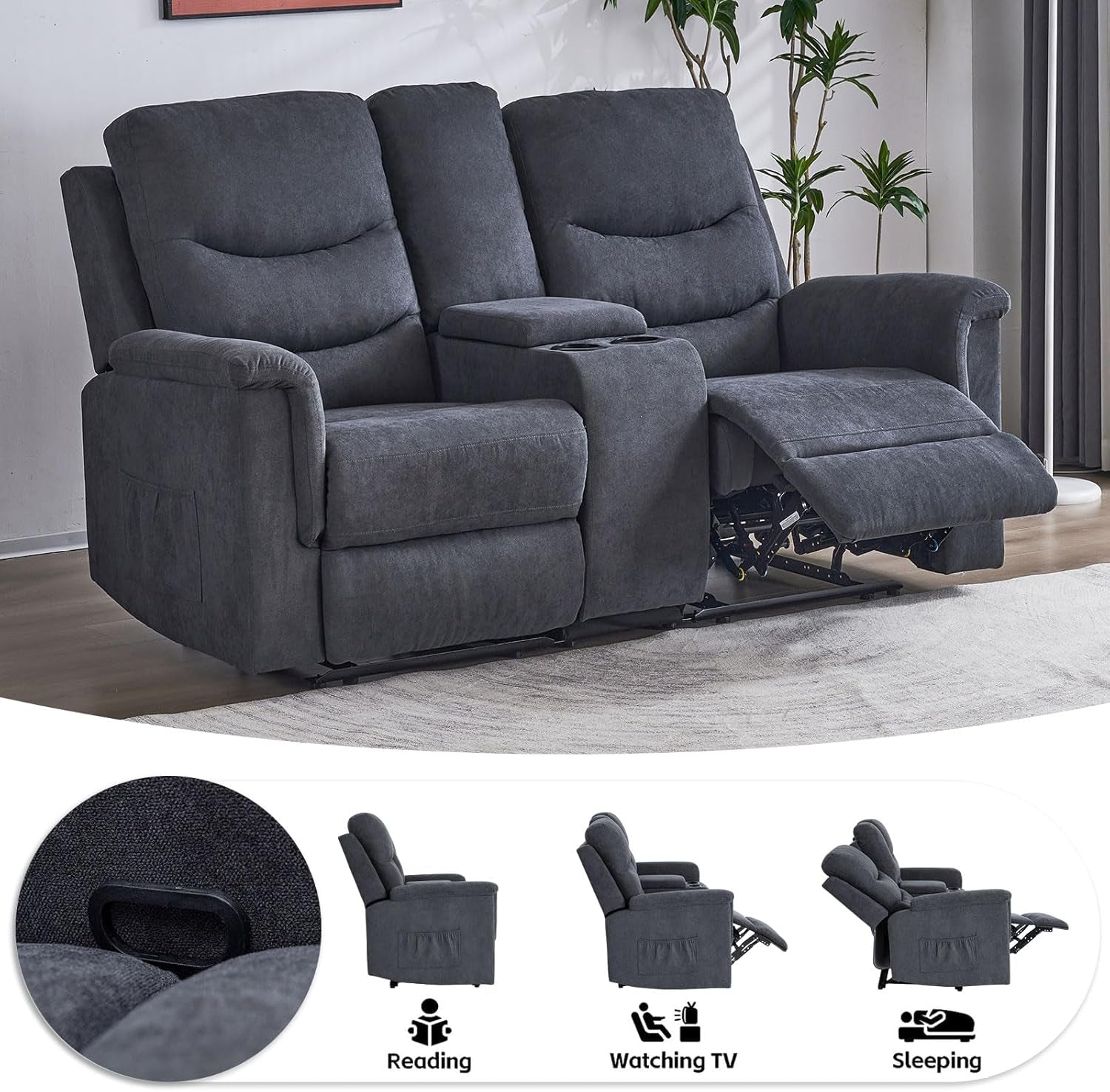 Two Piece Recliner Sofa Set With Console And Cup Holders