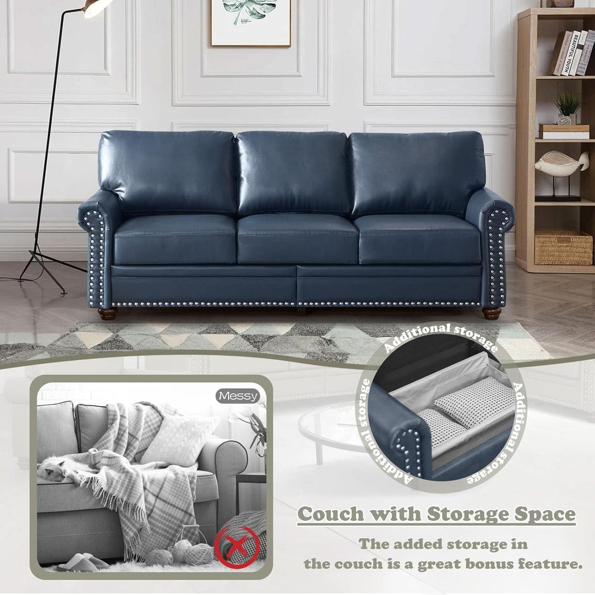 Two Piece Upholstered PU Leather Sofa Set Navy Blue With Storage Mid Century Modern Living Room