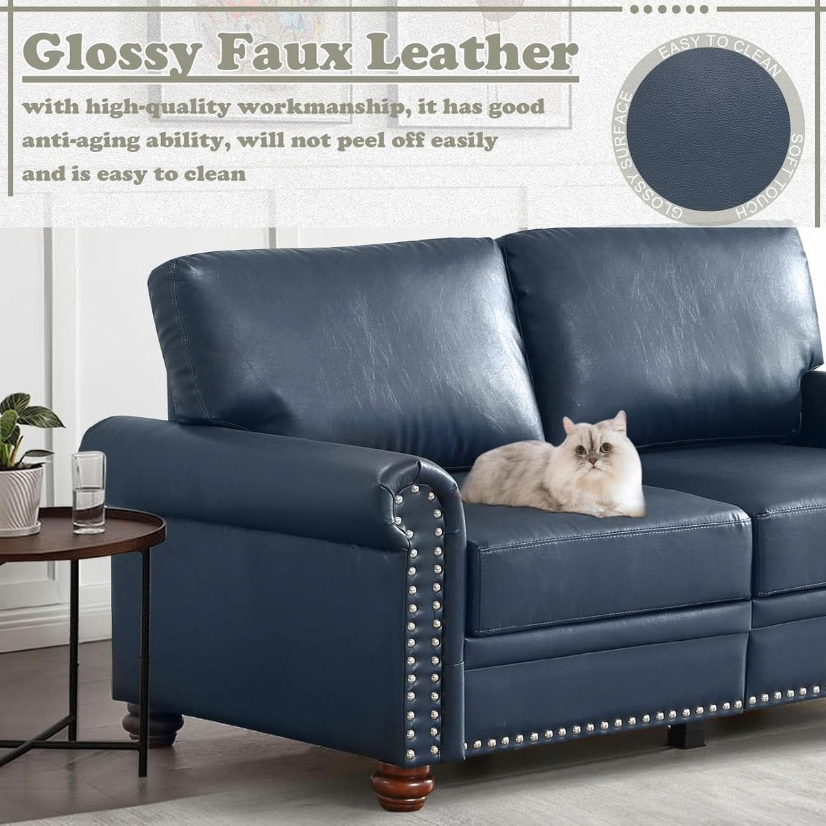 Two Piece Upholstered PU Leather Sofa Set Navy Blue With Storage Mid Century Modern Living Room