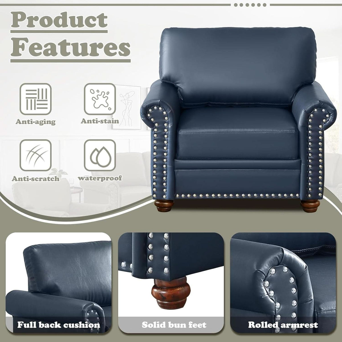Two Piece Upholstered PU Leather Sofa Set Navy Blue With Storage Mid Century Modern Living Room