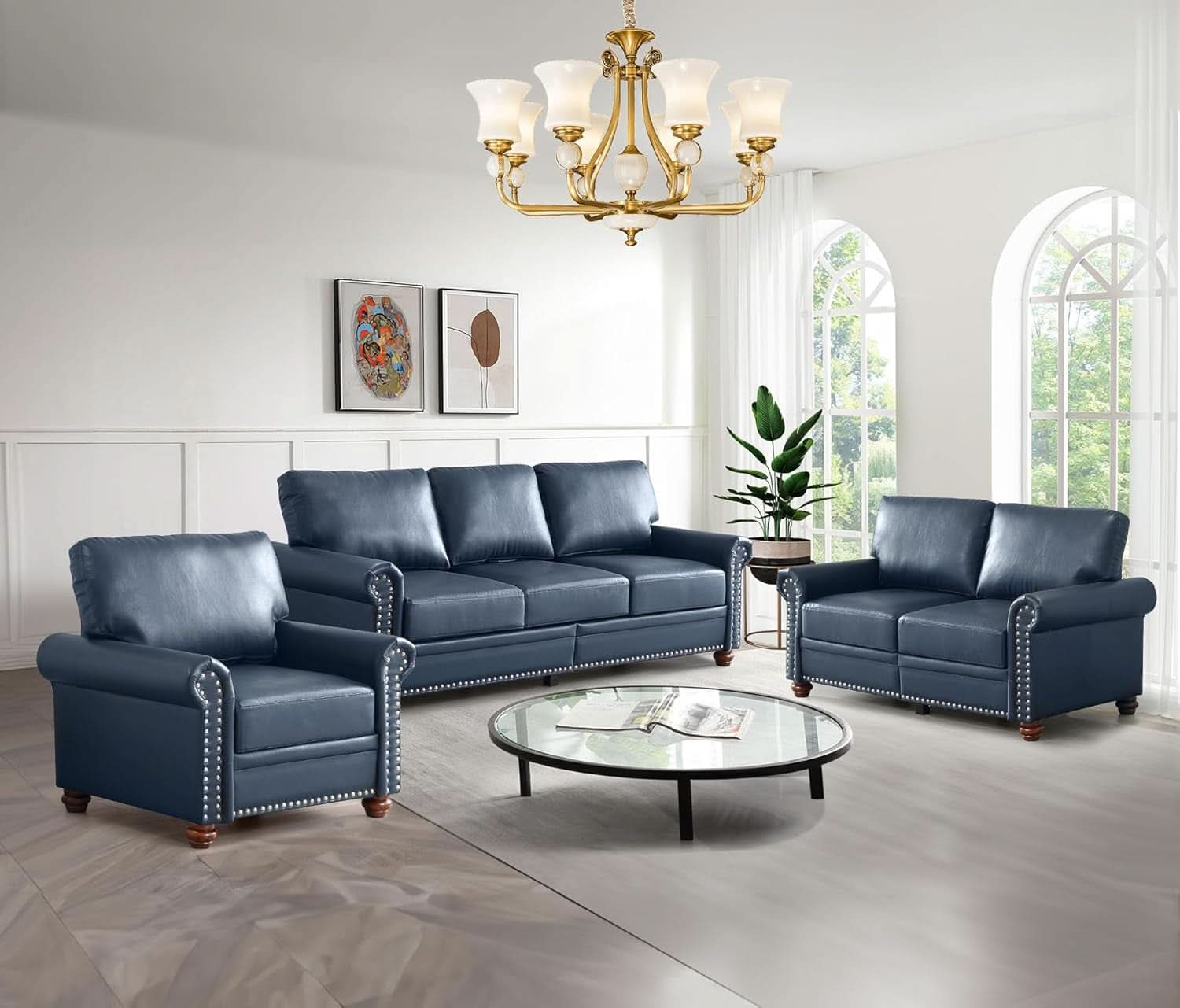 Two Piece Upholstered PU Leather Sofa Set Navy Blue With Storage Mid Century Modern Living Room