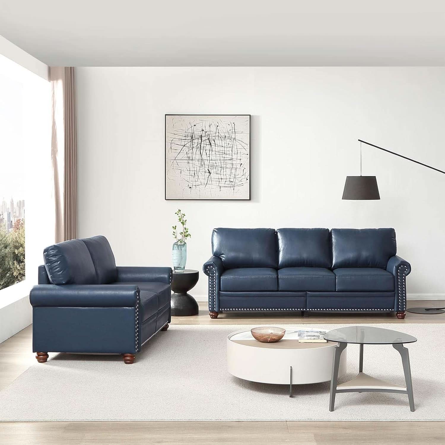 Two Piece Upholstered PU Leather Sofa Set Navy Blue With Storage Mid Century Modern Living Room