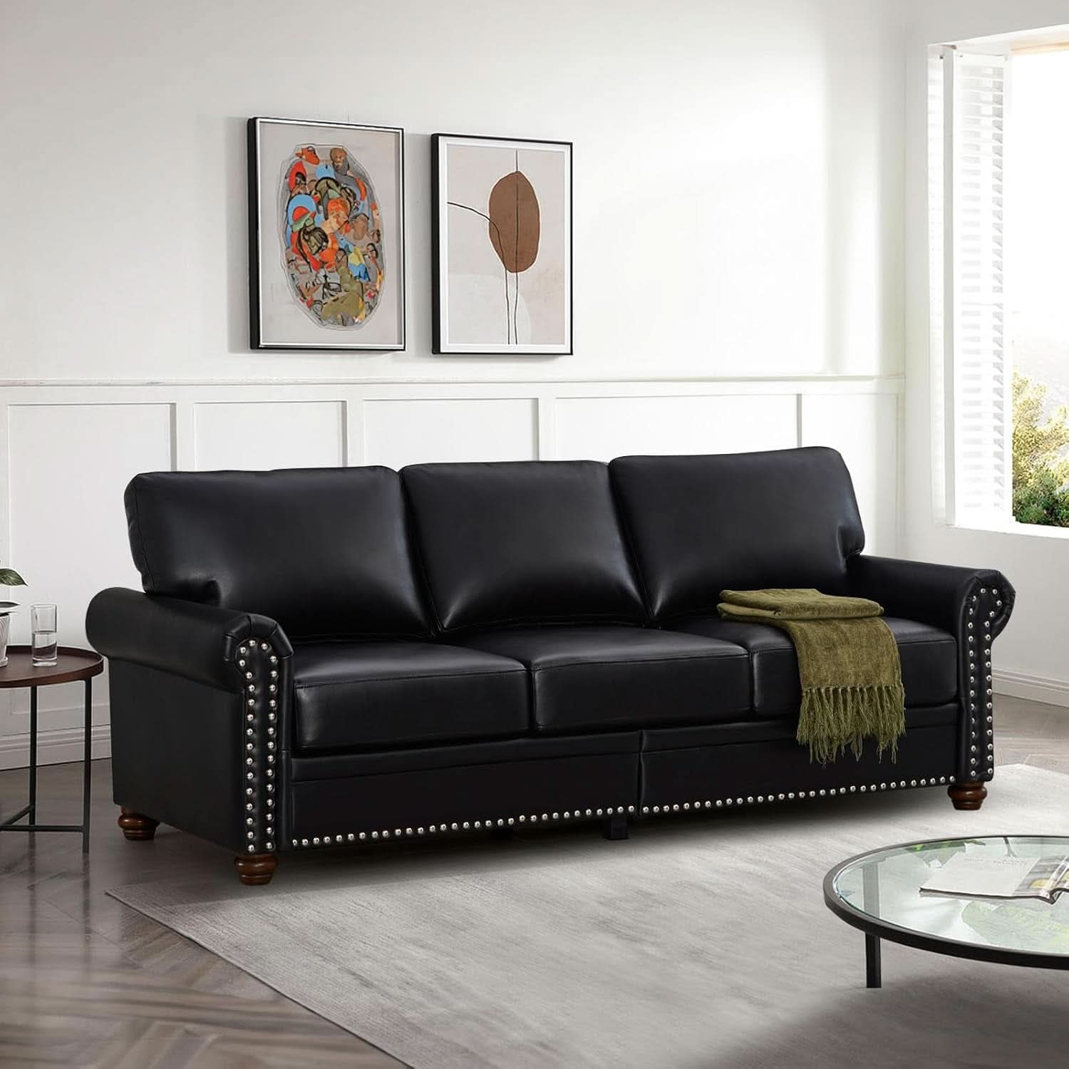 Two Piece Upholstered PU Leather Sofa Set With Hidden Storage Black Mid Century Modern