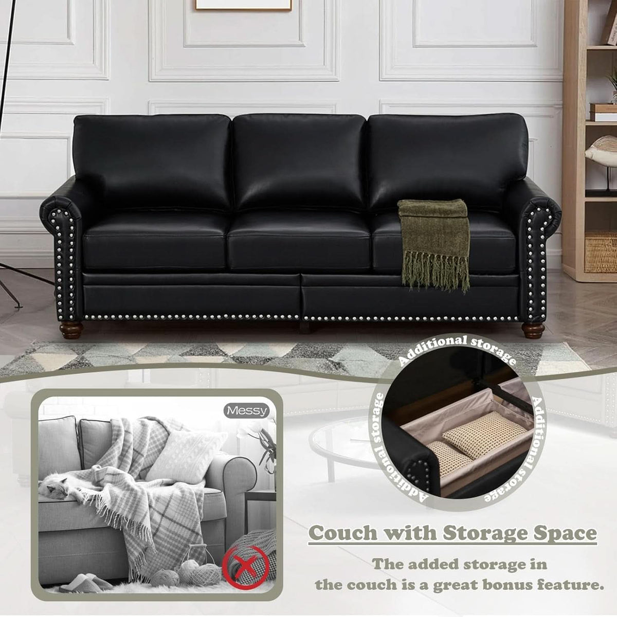 Two Piece Upholstered PU Leather Sofa Set With Hidden Storage Black Mid Century Modern