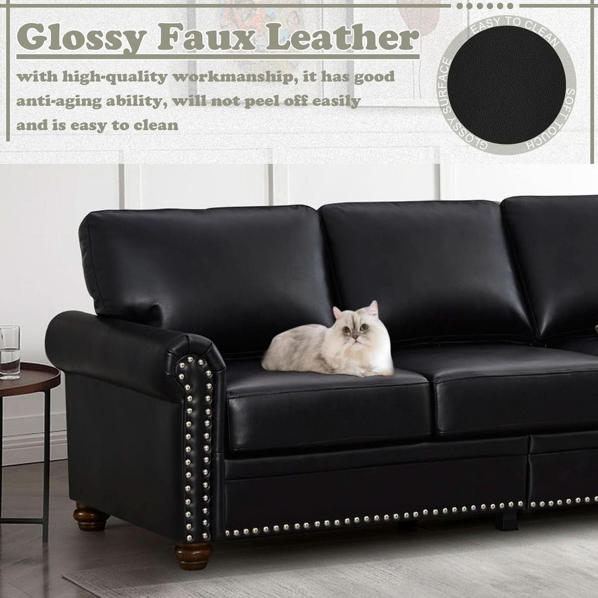 Two Piece Upholstered PU Leather Sofa Set With Hidden Storage Black Mid Century Modern