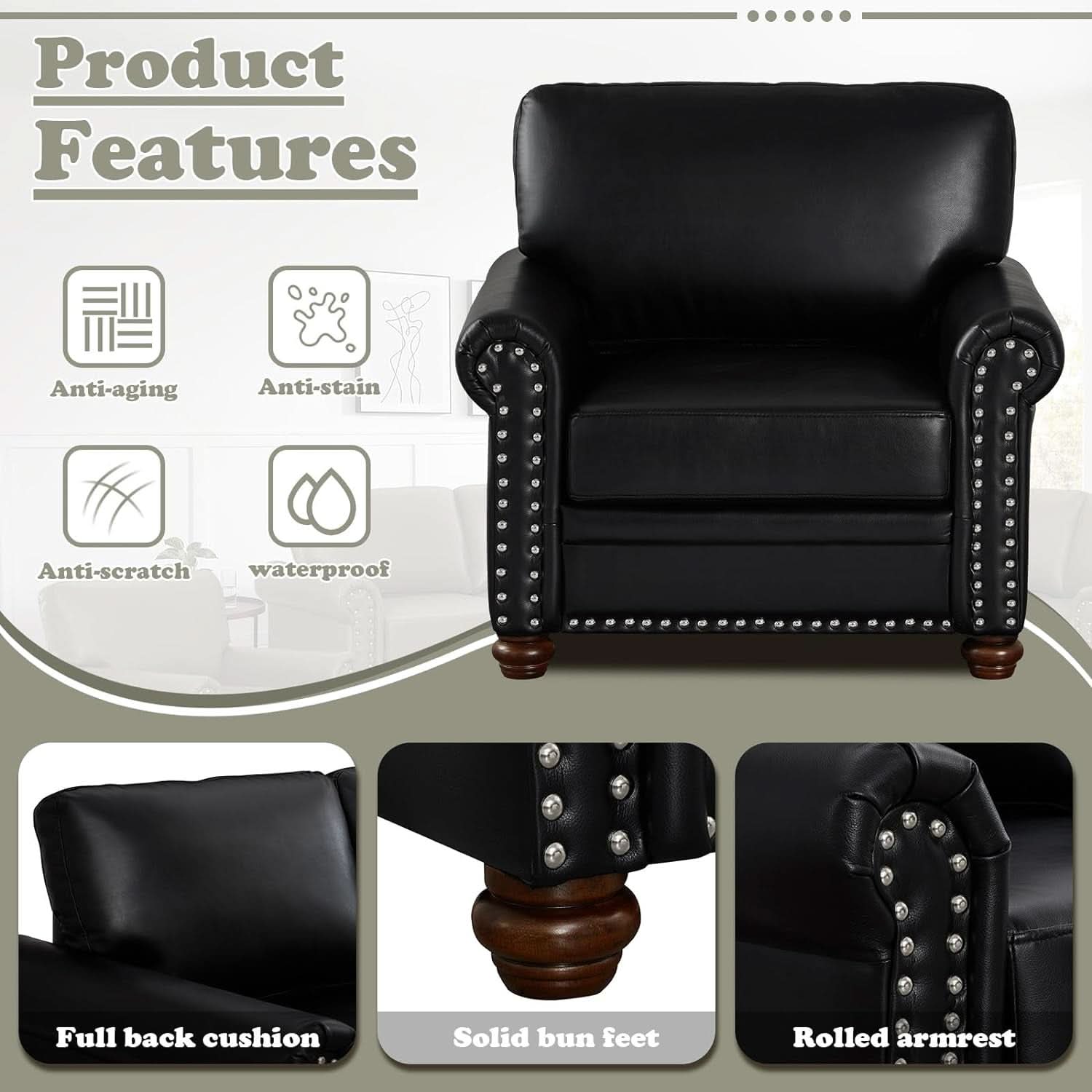 Two Piece Upholstered PU Leather Sofa Set With Hidden Storage Black Mid Century Modern