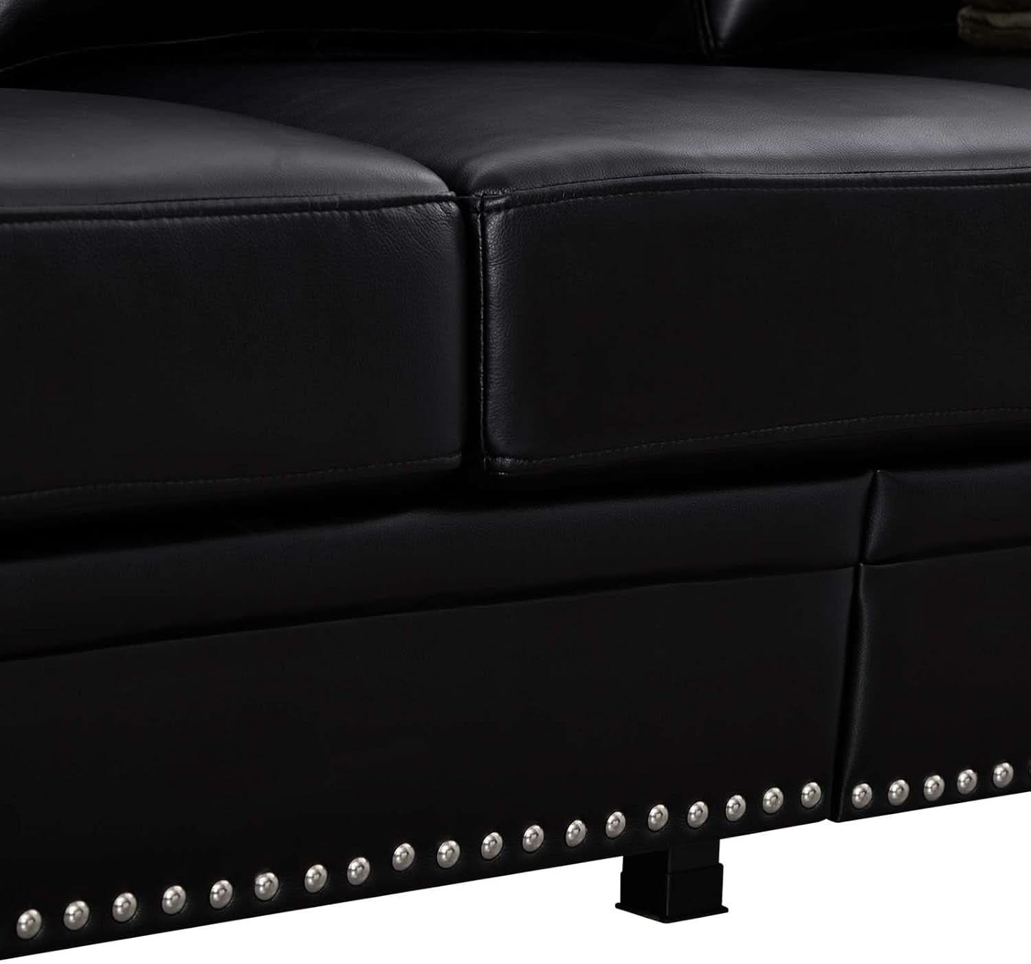 Two Piece Upholstered PU Leather Sofa Set With Hidden Storage Black Mid Century Modern