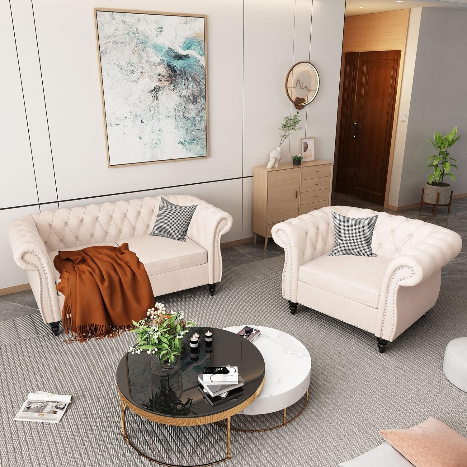 Two Piece Velvet Chesterfield Living Room Set With Scroll Arms And Nailhead Beige Sofa Loveseat