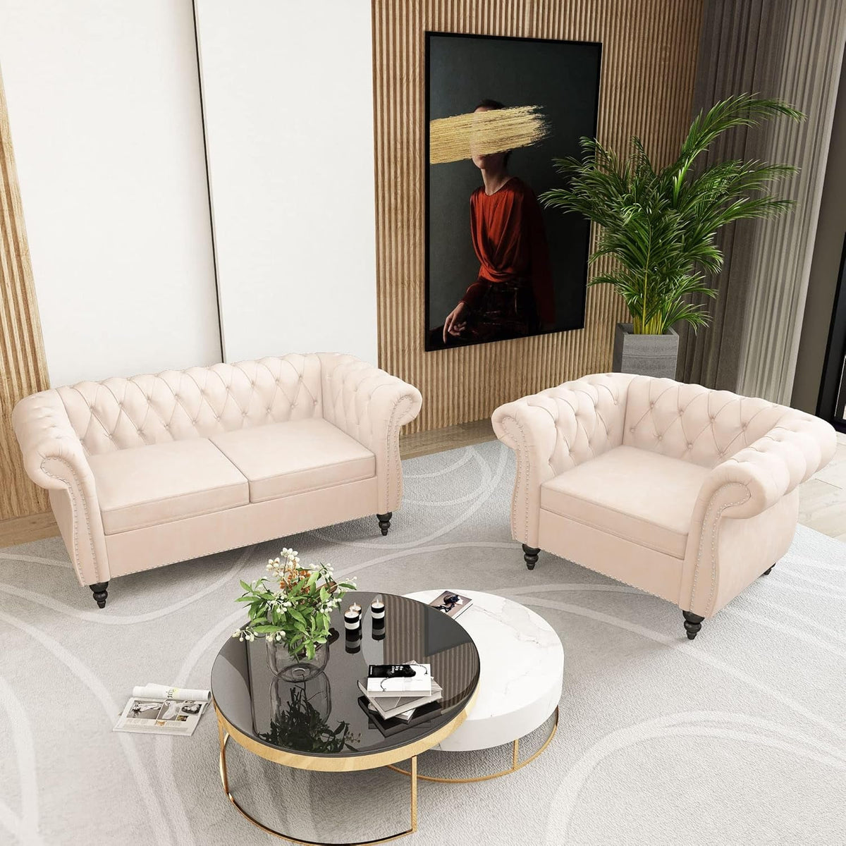 Two Piece Velvet Chesterfield Living Room Set With Scroll Arms And Nailhead Beige Sofa Loveseat