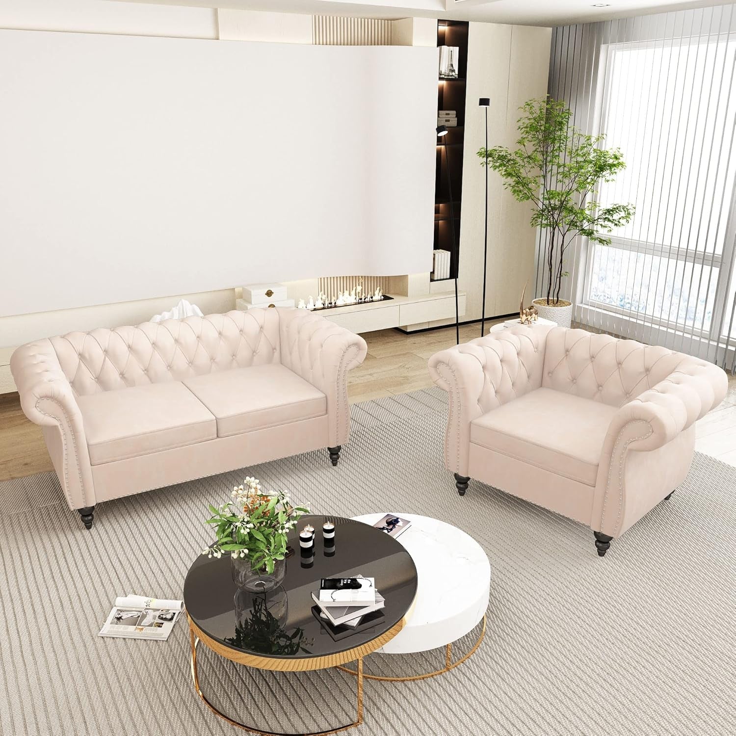 Two Piece Velvet Chesterfield Living Room Set With Scroll Arms And Nailhead Beige Sofa Loveseat