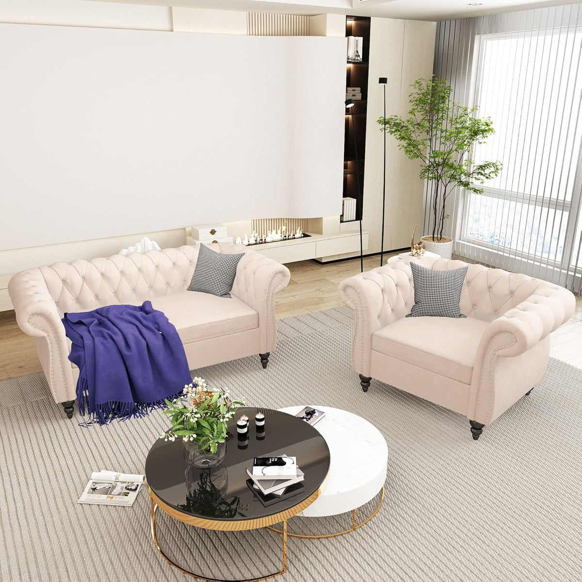 Two Piece Velvet Chesterfield Living Room Set With Scroll Arms And Nailhead Beige Sofa Loveseat