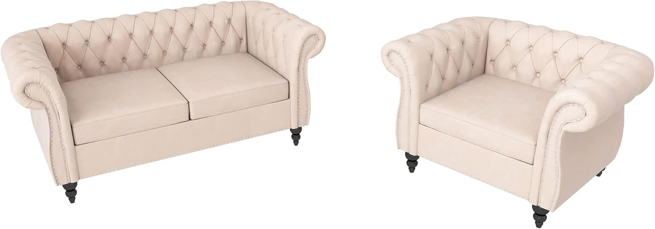 Two Piece Velvet Chesterfield Living Room Set With Scroll Arms And Nailhead Beige Sofa Loveseat
