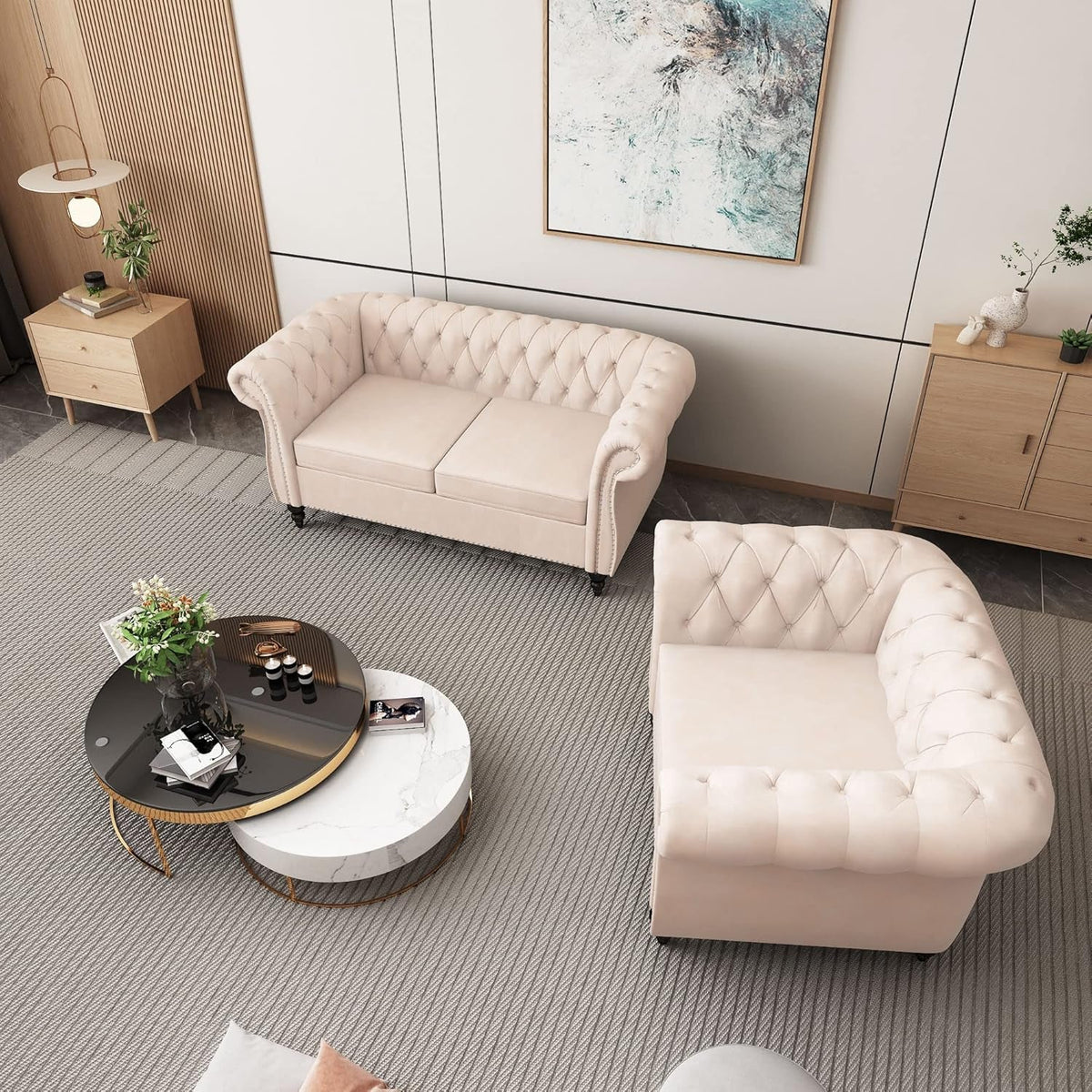 Two Piece Velvet Chesterfield Living Room Set With Scroll Arms And Nailhead Beige Sofa Loveseat